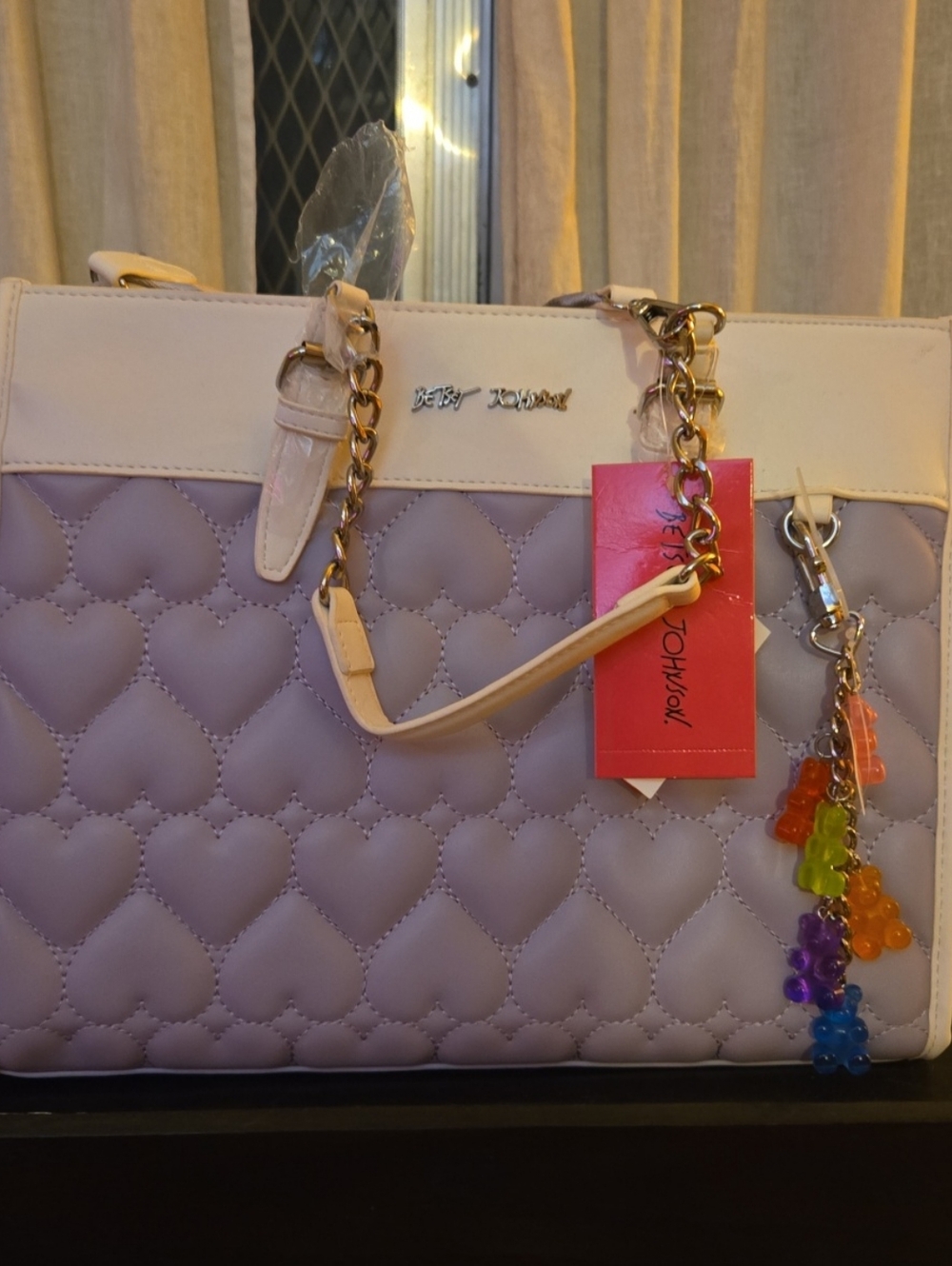 Betsey Johnson Quilted Heart Tote Lavender And Cream With Gummy Bears Charm - Picture 5 of 7